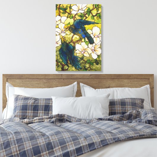 Venster Glas in lood Hibiscus en Parrots Canvas Afdruk (Insitu (Slaapkamer))