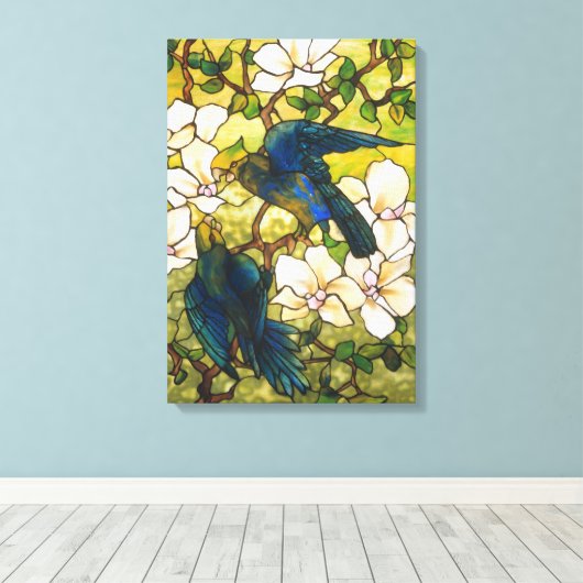 Venster Glas in lood Hibiscus en Parrots Canvas Afdruk (Insitu (Houten vloer))