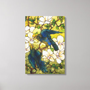 Venster Glas in lood Hibiscus en Parrots Canvas Afdruk