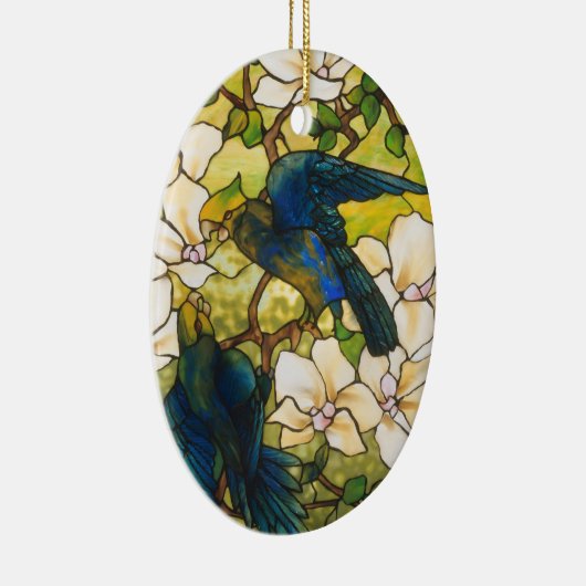 Venster Glas in lood Hibiscus en Parrots Keramisch Ornament (Rechts)