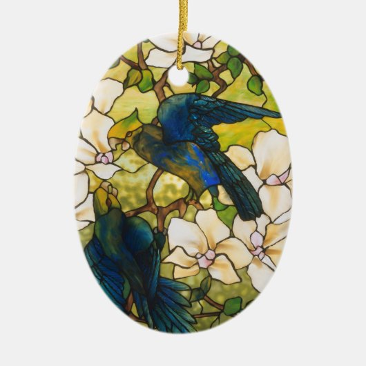 Venster Glas in lood Hibiscus en Parrots Keramisch Ornament (Voorkant)