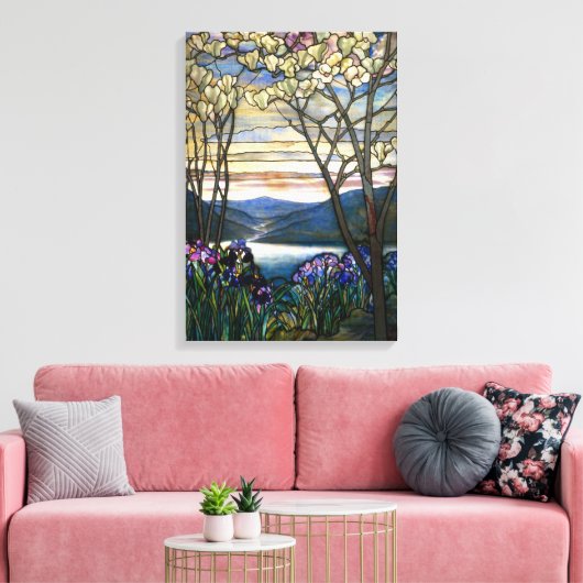 Venster Glas in lood Magnolias en Irises Canvas Afdruk (Insitu (Woonkamer))
