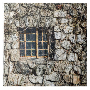 Venster in een muur van steen tegeltje