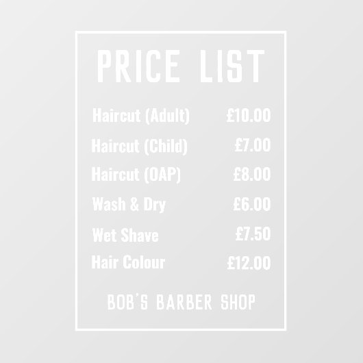 Venster Lijst met opsomming voor Barber Winkelprij Raamsticker (Vel)