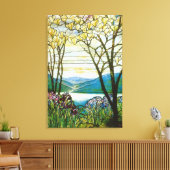 Venster Magnolia en Iris Glas in lood Canvas Afdruk (Insitu (Woonkamer))