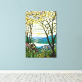 Venster Magnolia en Iris Glas in lood Canvas Afdruk (Insitu (Houten vloer))