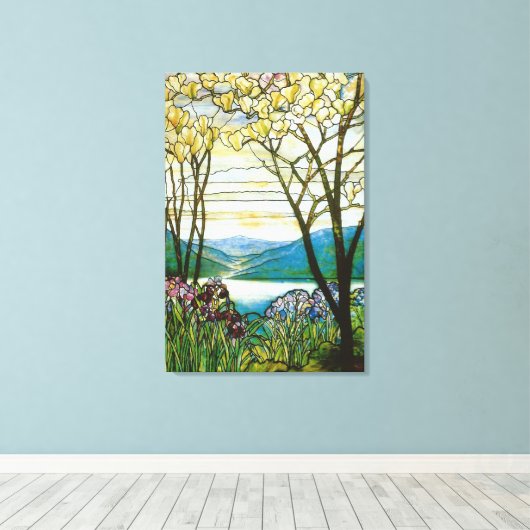 Venster Magnolia en Iris Glas in lood Canvas Afdruk (Insitu (Houten vloer))