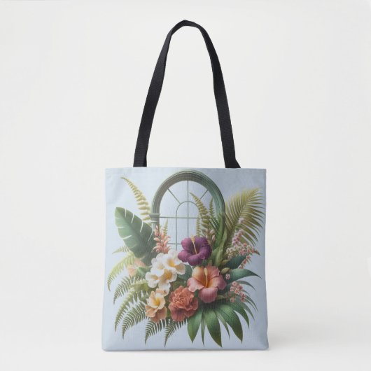 venster met boogvormige tropische bladeren tote bag (Voorkant)