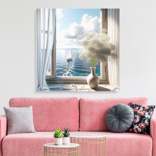 Venster met zeilboot Ocean Uitzicht Canvas Afdruk (Insitu (Woonkamer))