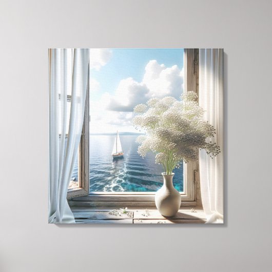 Venster met zeilboot Ocean Uitzicht Canvas Afdruk (Voorkant)