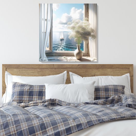 Venster met zeilboot Ocean Uitzicht Canvas Afdruk (Insitu (Slaapkamer))