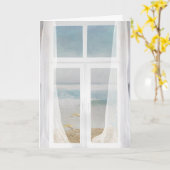 venster met zuiver gordijn en oceaanuitzicht kaart (Gele Bloem)