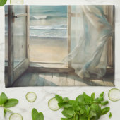 Venster naar een Ocean Breeze Waterverf | kust Theedoek (Gevouwen)