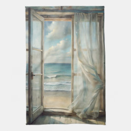 Venster naar een Ocean Breeze Waterverf | kust Theedoek