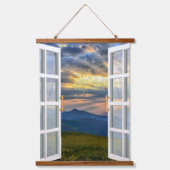 Venster uitzicht bergen hangend wandkleed (Voorkant)