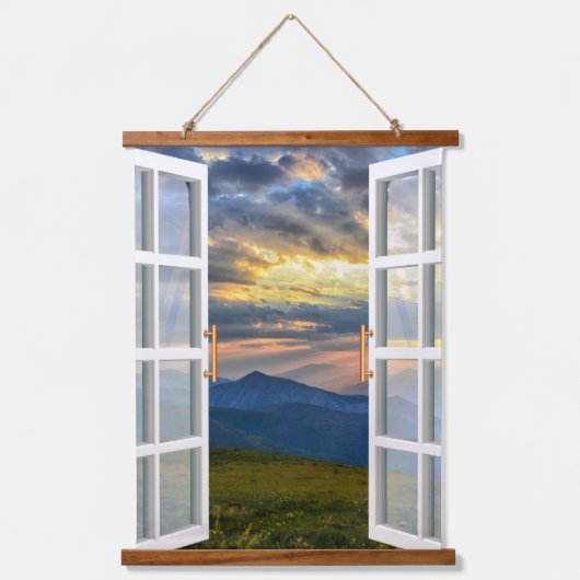 Venster uitzicht bergen hangend wandkleed (Voorkant)
