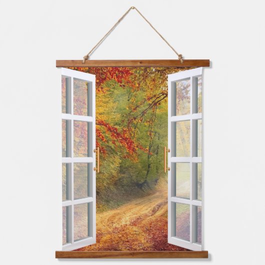 Venster uitzicht herfst hangend wandkleed (Voorkant)