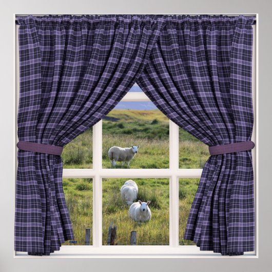 Venster Uitzicht met Schapen en vreedzame omgeving Poster (Voorkant)