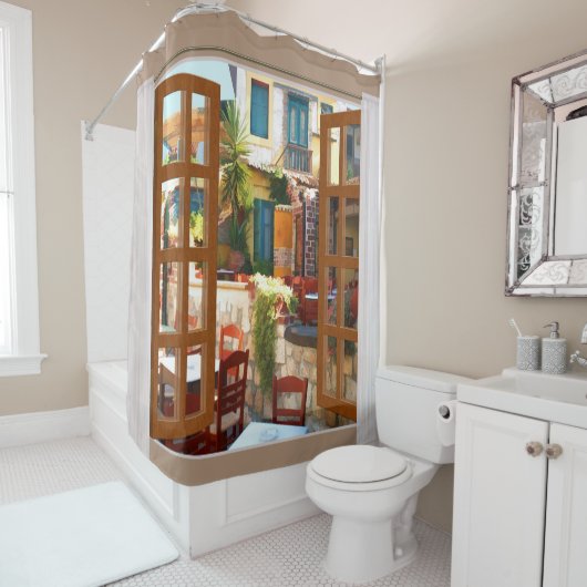 Venster Uitzicht Middellandse-Zeekafel Douchegordijn (In situ)