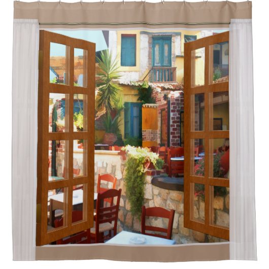 Venster Uitzicht Middellandse-Zeekafel Douchegordijn (Voorkant)