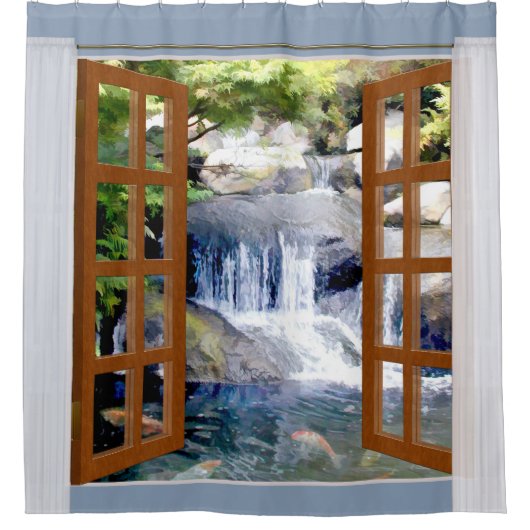 Venster Uitzicht Tuinwaterval met Koi Pond Douchegordijn (Voorkant)