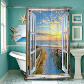 Venster uitzicht van het strand douchegordijn