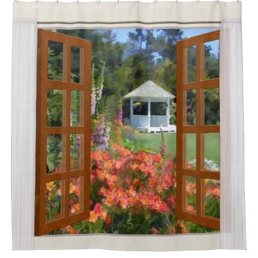 Venster Uitzicht van tuin- en gazebo Douchegordijn (Voorkant)