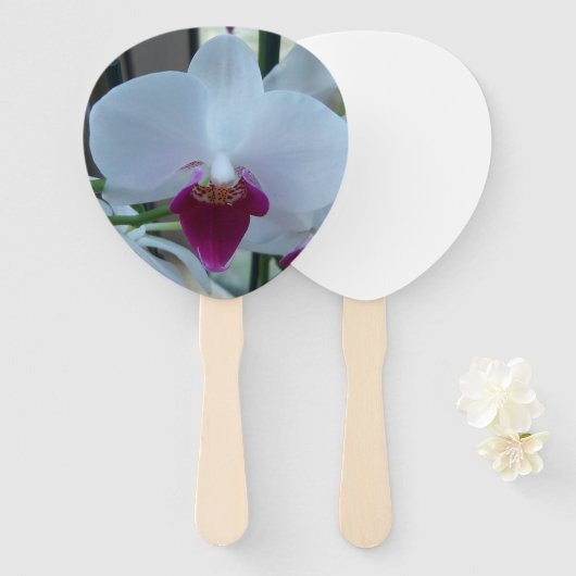 Ventilator met witte en paarse orchidee handwaaier (Voorkant en achterkant)