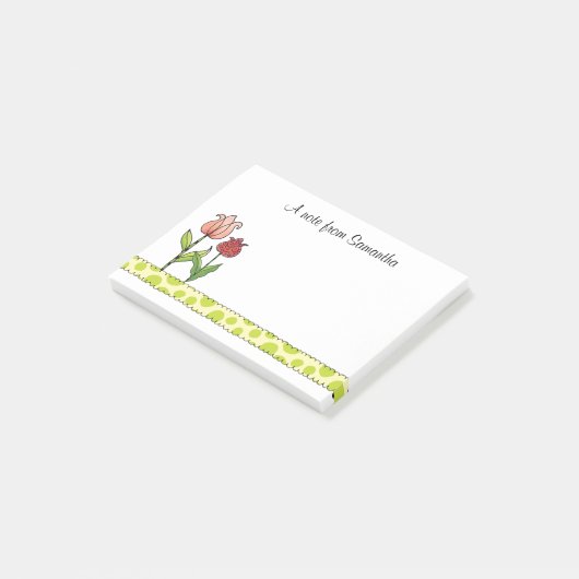 Ventilatoren van roze en roze tulpen post-it® notes (Schuin)