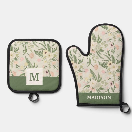 Ventilatorpatroon met groene tuinvloer ovenwant & pannenlap set (Voorkant)