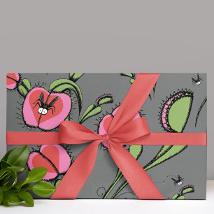 Venus Flytrap Planten en Buzzing Flies op Grijs Inpakpapier Vel