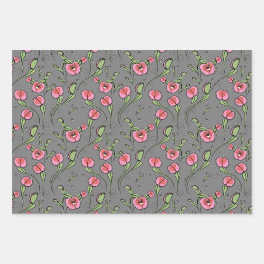 Venus Flytrap Planten en Buzzing Flies op Grijs Inpakpapier Vel (Voorkant)