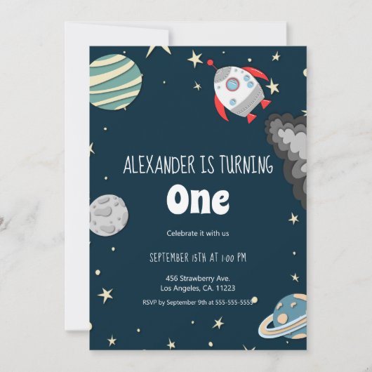 Ver uit Rocket and Planets Boy First Birthday Kaart (Voorkant)