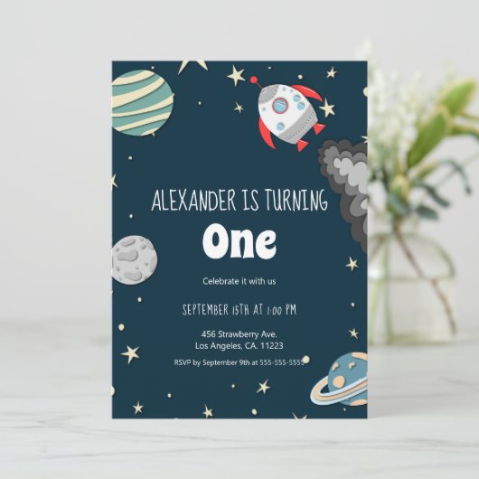 Ver uit Rocket and Planets Boy First Birthday Kaart (Staand voorkant)