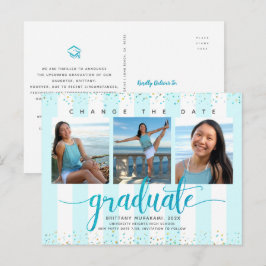 Verander datum afstudeerfoto chic turquoise schrif uitnodiging briefkaart