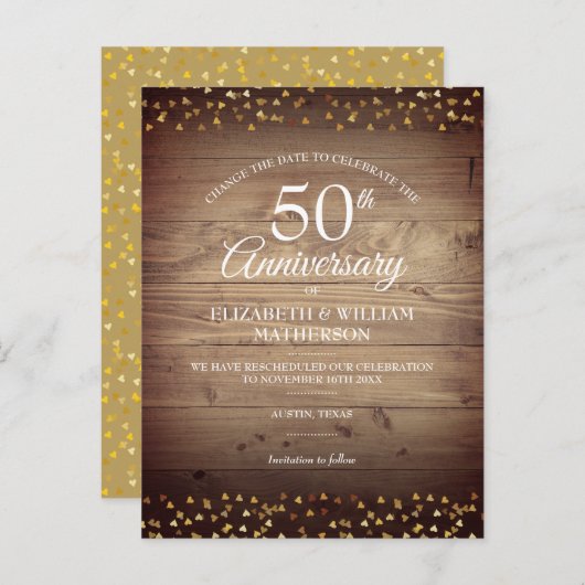 Verander de Datum 50th Wedding Jubileum Rustic Aankondigingskaart (Voorkant / Achterkant)