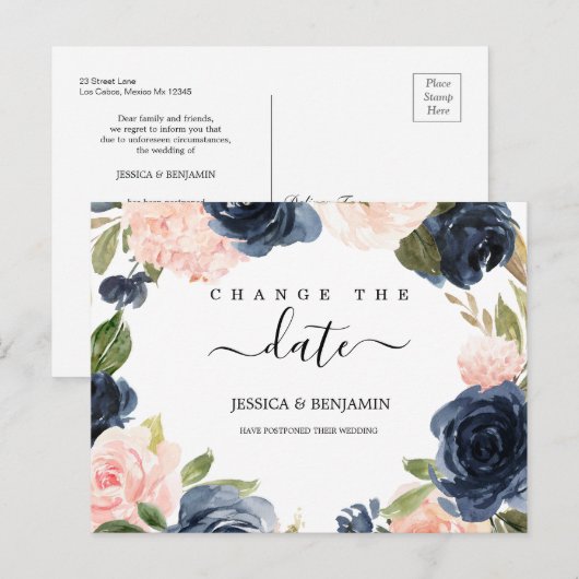 Verander de Datum Blush Floral Postponed de marine Briefkaart (Voorkant / Achterkant)