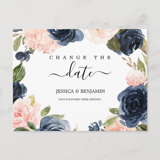 Verander de Datum Blush Floral Postponed de marine Briefkaart (Voorkant)