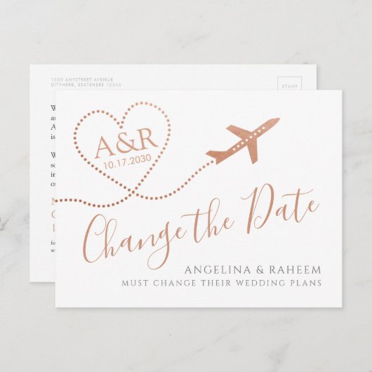 Verander de Datum Bronze Copper Destination Weddin Aankondigingskaart (Voorkant / Achterkant)