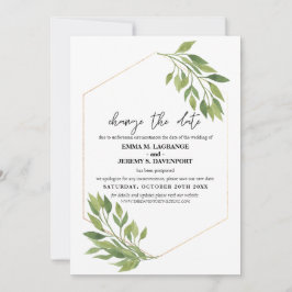 Verander de datum bruiloft groen en gouden frame save the date