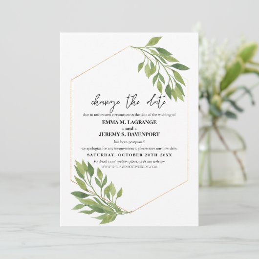 Verander de datum bruiloft groen en gouden frame save the date (Staand voorkant)