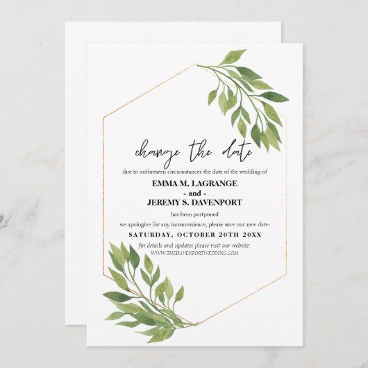 Verander de datum bruiloft groen en gouden frame save the date (Voorkant / Achterkant)