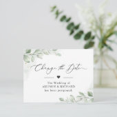 Verander de Datum Chic Greenery Eucalyptus Postpon Briefkaart (Staand voorkant)