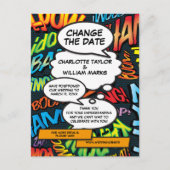 Verander de datum Comic Book Wedding Uitstel Aankondigingskaart (Voorkant)