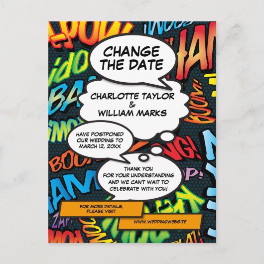 Verander de datum Comic Book Wedding Uitstel Aankondigingskaart (Voorkant)