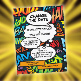 Verander de datum Comic Book Wedding Uitstel Aankondigingskaart