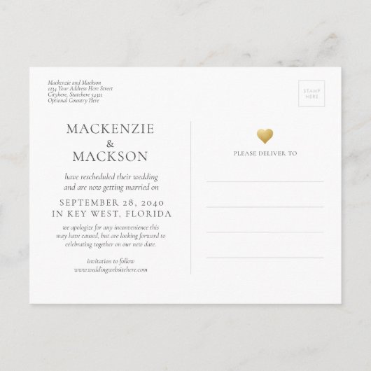 Verander de datum eenvoudige gouden hart trouwdag aankondigingskaart (Achterkant)