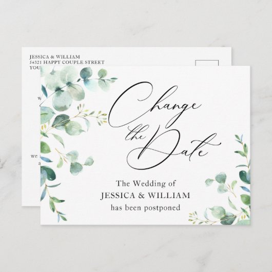 Verander de datum elegante eucalyptus bruiloft briefkaart (Voorkant / Achterkant)