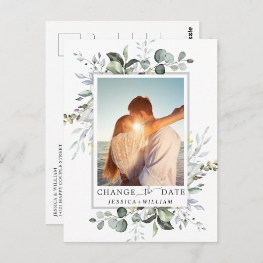 Verander de datum Elegante Eucalyptus FOTO Huwelij Briefkaart (Voorkant / Achterkant)