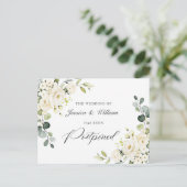 Verander de datum Elegante Eucalyptus Witte Rozen Briefkaart (Staand voorkant)